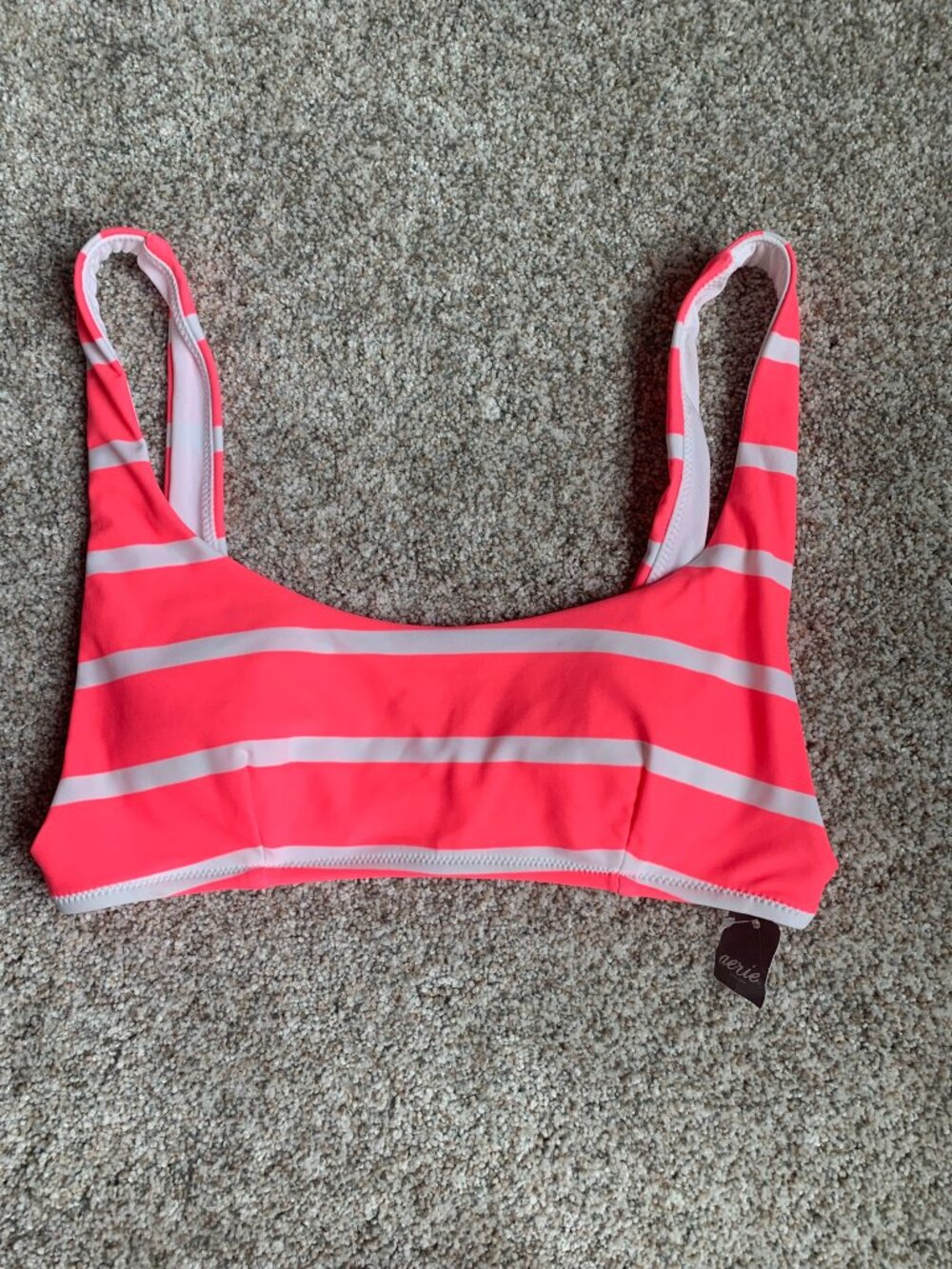 Aerie Women's Scoop Neck Swim Bikini Top, Neon Pink White Stripe, size S NWT